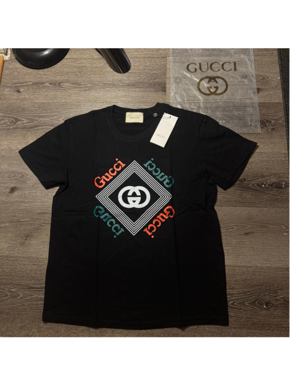 Men's Gucci Black Interlocking G Logo Tee M Red Green
